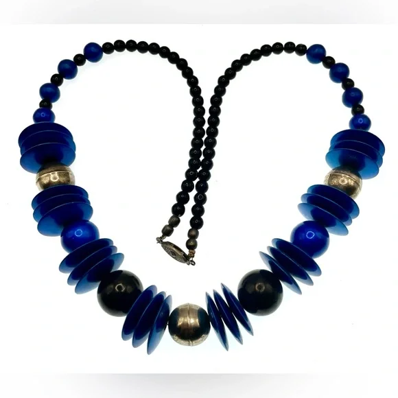 3 for $30 Vintage 1980s Blue Black and SilverTone Long Beaded Statement Necklace - Picture 2 of 7